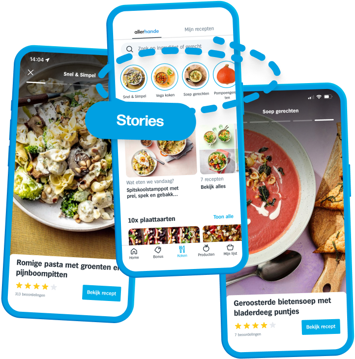 Screenshots of stories, where a row of topics is shown that can be tapped by the user. A fullscreen photo of a recipe then opens with the title and rating in the bottom of the screen. Users swipe or tap through this collection of recipes.