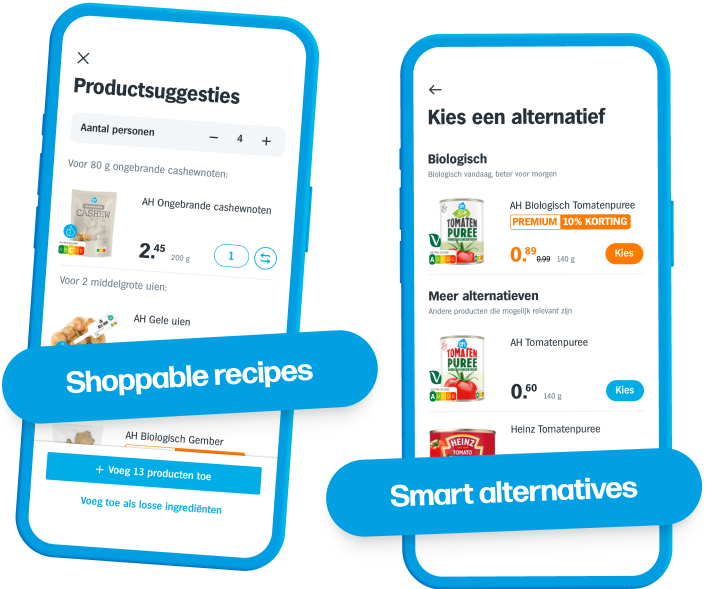 Screenshots of shoppable recipes. A list of ingredients gets converted to products the user can add to their cart with the tap of a button. If users want to switch, they can use the alternatives button to switch up individual products, like switching it to an organic alternative.