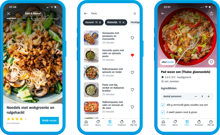 Screenshots of various screens in the Cooking tab in the My Albert Heijn app
