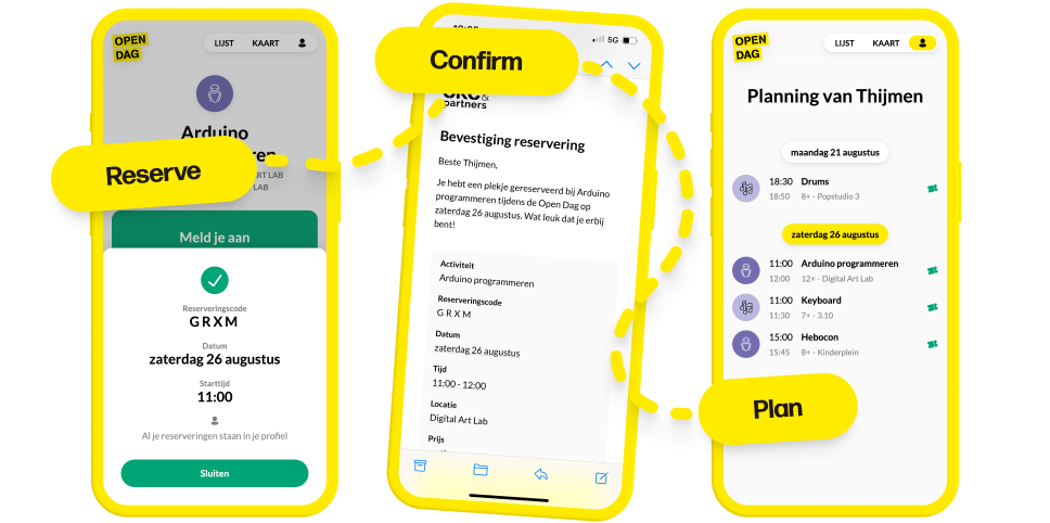 The flow of reserving a timeslot goes from claiming it in the app, to receiving the confirmation email, and ends with a personal schedule in the web app